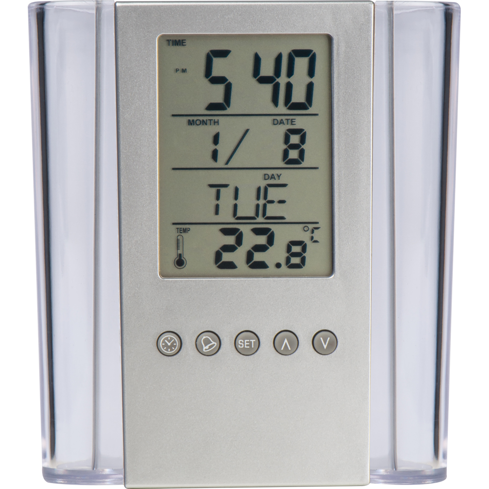 Acryl pennenhouder met klok, datum, dagaanduiding en thermometer