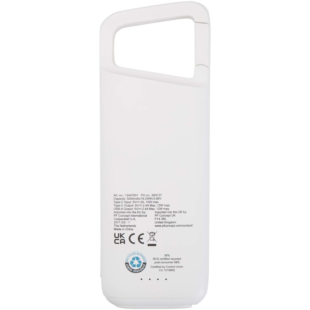 Alkes waterbestendige powerbank van 5000 mAh 12 W van gerecycled plastic met karabijnhaak