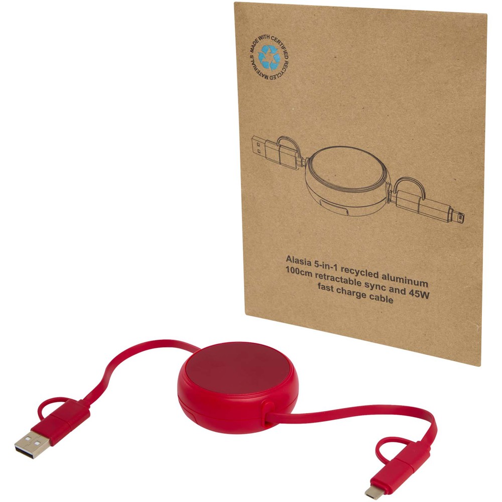 Alasia 5-in-1 100 cm intrekbare datasynchronisatie- en 45 W snellaadkabel van gerecycled plastic en aluminium - rood