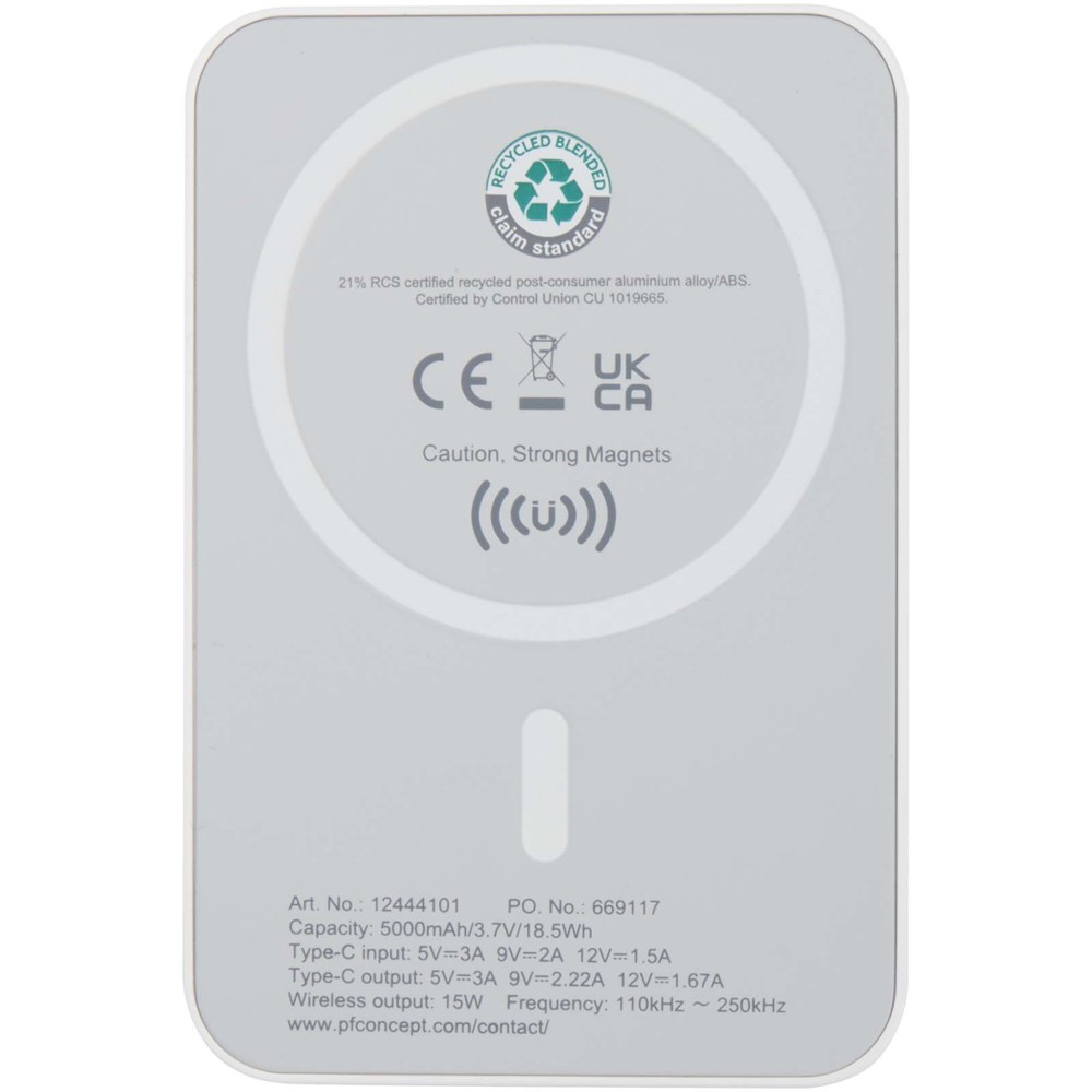 Acrab magnetische draadloze powerbank van 5000 mAh 15 W met 20 W PD van gerecycled plastic