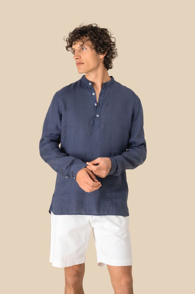 SP507 - Verwassen linen herenoverhemd met maokraag
