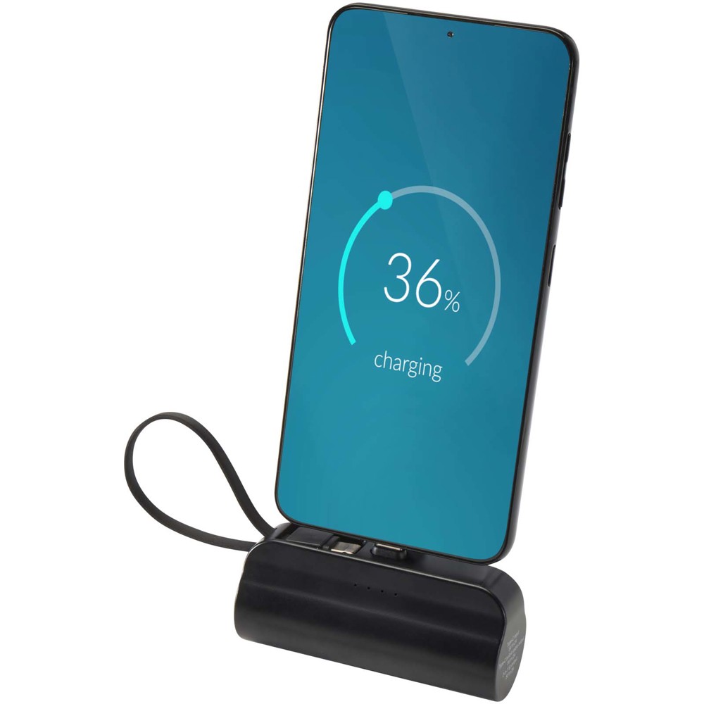 Alnair Type-C powerbank van 5000 mAh 10 W van gerecycled plastic met ingebouwde klapstandaard en 2 in 1 kabel
