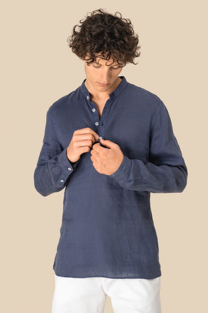 SP507 - Verwassen linen herenoverhemd met maokraag